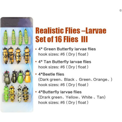 16 Fly Fishing Flies Larvae Set