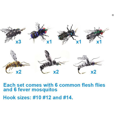 12 Dry Flies -Flesh Flies Fever Mosquitos